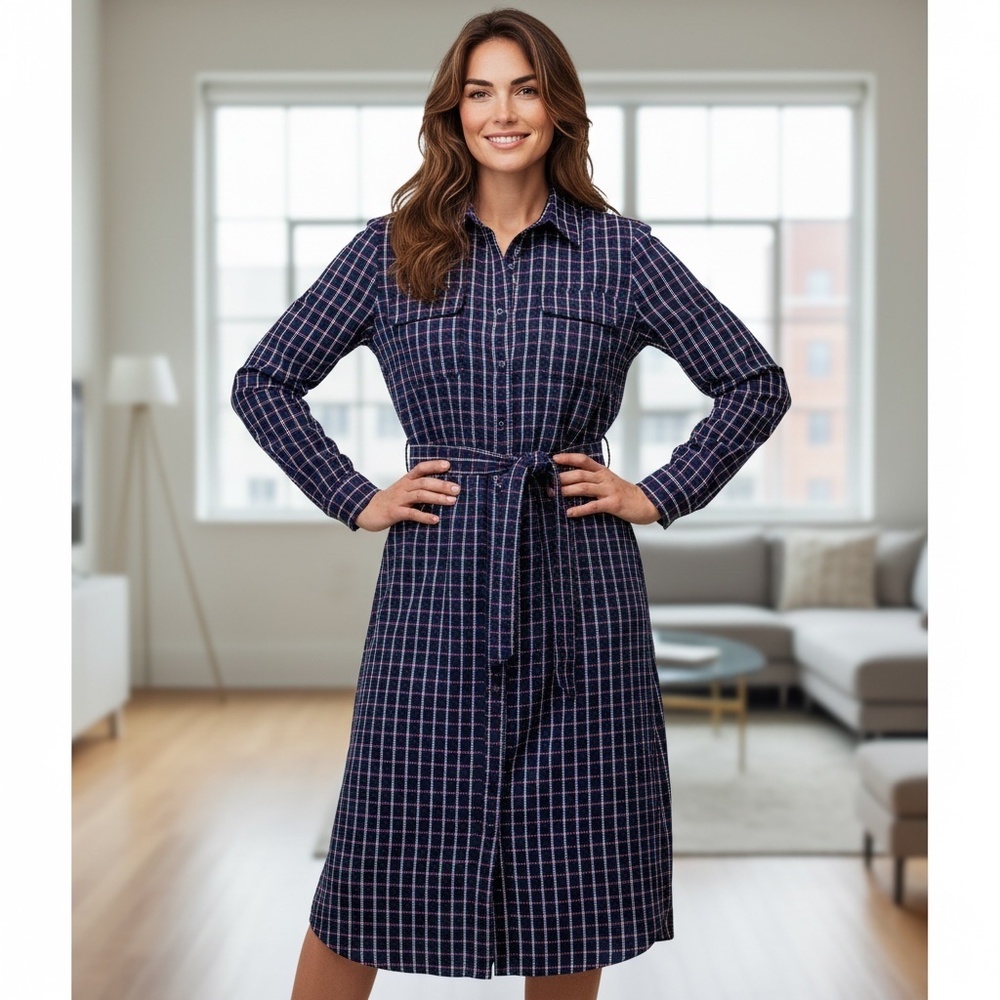 NWT BANANA REPUBLIC Blue Checkered Women's Shirtwaist LS belted w/ pockets Dress